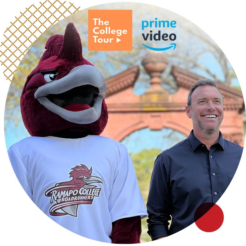 The College Tour host Alex Boylan with Ramapo College's Roadrunner mascot The College Tour host Alex Boylan with Ramapo College's Roadrunner mascot